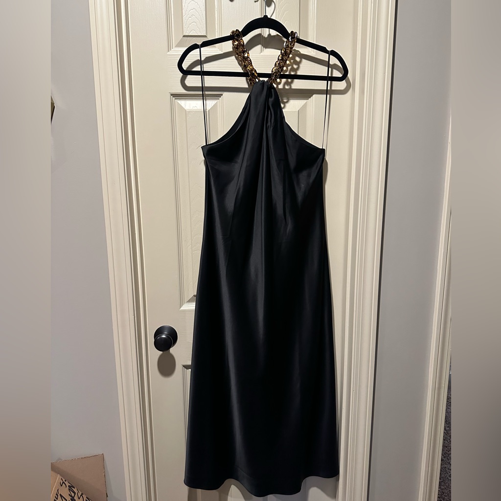 Jason Wu Silky Halter Top Midi Dress With Tortoise Shell Chain Necklace Strap